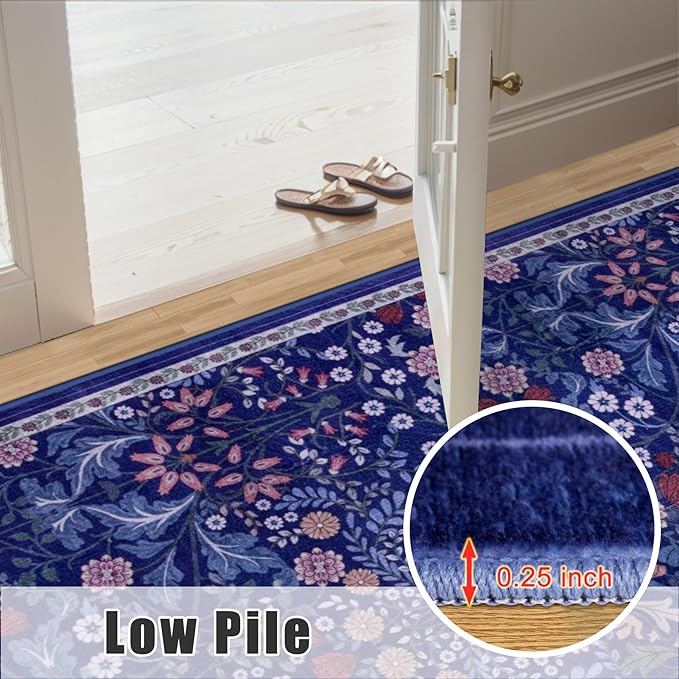 8x10 Area Rugs for Living Room: Floral Washable Rug Vintage Large Soft Boho Non-Slip Carpet Indoor Floor Stain Resistant Carpets for Bedroom Dining Room Farmhouse Nursery Home Office Blue