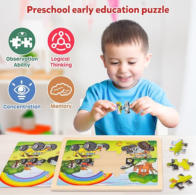 SYNARRY Large Wooden Monster Truck Puzzles for Kids Gift Box(12.2*9.4 in) - FSC Certified, 24 Piece Puzzles for Toddlers 3-5, Wood Puzzle for Kids Ages 4-6, Toys Gifts for 3 4 5 6 Year Old Boys Girls