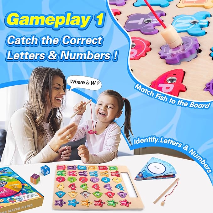 Wooden Montessori Toys for Toddlers 3-5, Magnetic Fishing Games, Color and Shape Sorting Sensory, Letter& Number Educational Toys for 3 4 5 6 Girls Boys Preschool Educational