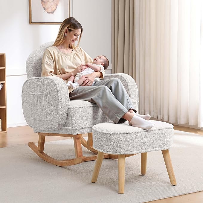 Rocking Chair Nursery with Ottoman, Upholstered Glider Rocker with High Backrest and Side Pocket, Rocking Accent Armchair with Solid Wood Legs for Nursery/Living Room/Bedroom White