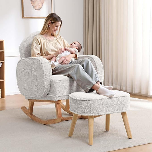 Rocking Chair Nursery with Ottoman, Upholstered Glider Rocker with High Backrest and Side Pocket, Rocking Accent Armchair with Solid Wood Legs for Nursery/Living Room/Bedroom White