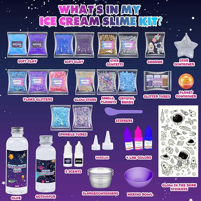 Funewest Slime Kit for Kids, Mini Galaxy Ball Slime Making Kit with Glow in The Dark Stickers, Glitter, Beads & Charms – Creative DIY Craft Kit & Stress Relief Sensory Toy Gifts for Girls Ages 6-12