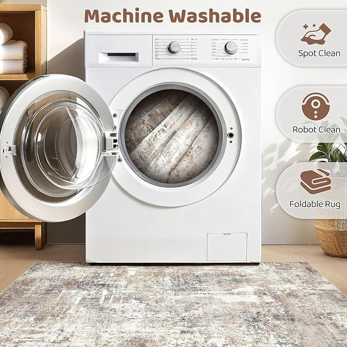 Round Rug Living Room Rugs: 5Ft Washable Circle Large Abstract Modern Soft Stain Resistant Non Slip Indoor Floor Carpet for Bedroom Nursery Office Dining Room Dorm Home House Decor- Brown