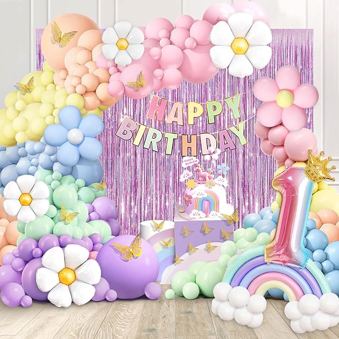 Pastel Balloon Garland Kit - 219pcs, Different Sizes 18, 10, 5 Inch Pastel Rainbow & Daisy Balloons for First Birthday Girl Baby Shower Party Arch