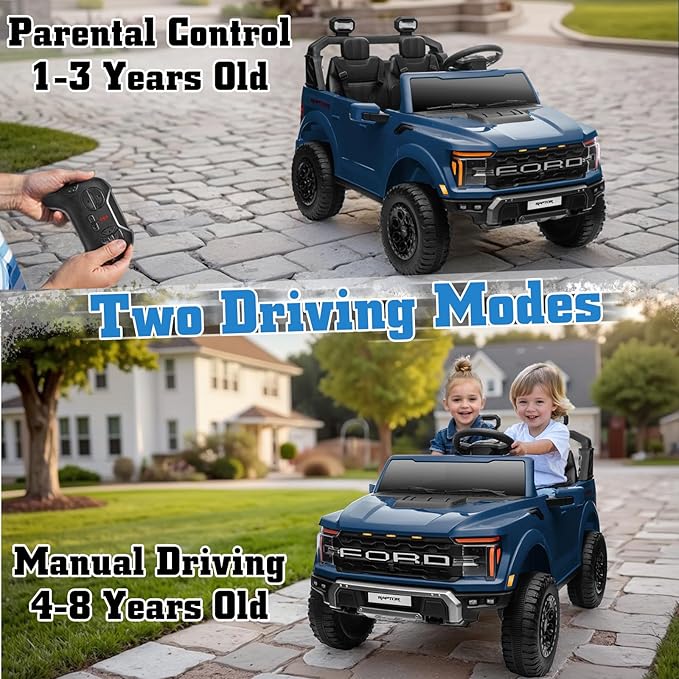24V Ride on Car Licensed Ford F-150 Raptor, Kids Electric Car with Remote Control, LED Light/Music/MP3, Truck Bed Storage, 3-Point Seat Belt (24V, Blue)