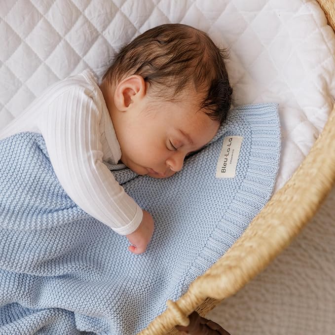 Organic Cotton Heritage Knit Receiving Blanket for Boys - 100% Luxury Soft Organic Cotton - Warm Cozy Swaddle Cuddle Crib Blanket for Newborns Infants & Toddlers (0-2Yrs - Sky Blue)