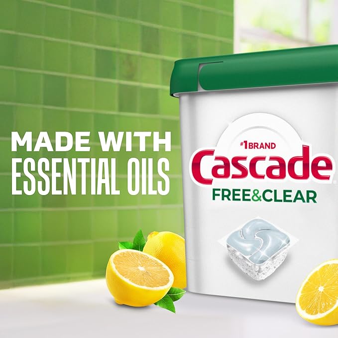 Cascade Free & Clear Dishwasher Pods, Dishwasher Detergent, Dish Detergent Soap, Lemon Essence, 47 Count