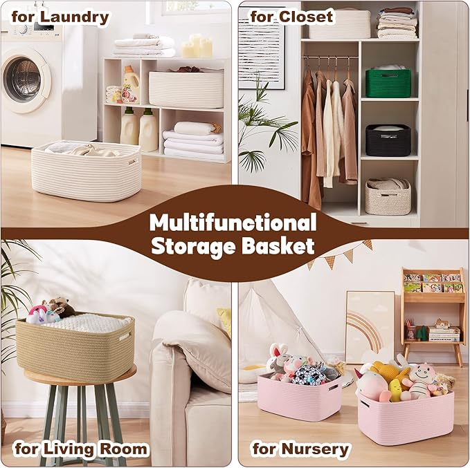 OIAHOMY Storage Basket for Shelves, Closet Cube Storage Bins Baskets for Clothes Blanket Towels, Baby Nursery, Toy Baskets Box, Woven Rope Basket, 17.72*12.99*7.87 IN, 2 Packs Olive Green