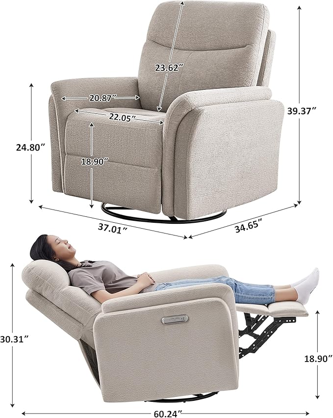 Power Recliner Chair Swivel Glider, Electric Rocking Recliner Chairs with USB and Type-C Ports, Nursery Chair Recliner for Living Room, Bedroom, Apartment（Camel）