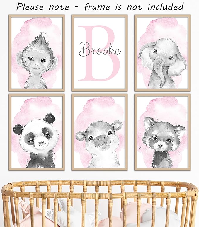 Safari Animals Set of 6 Unframed Poster Prints for Baby Girls Nursery Bedroom Playroom, Personalized Name, Choice of 12 Animals, Pink Purple (11x14)