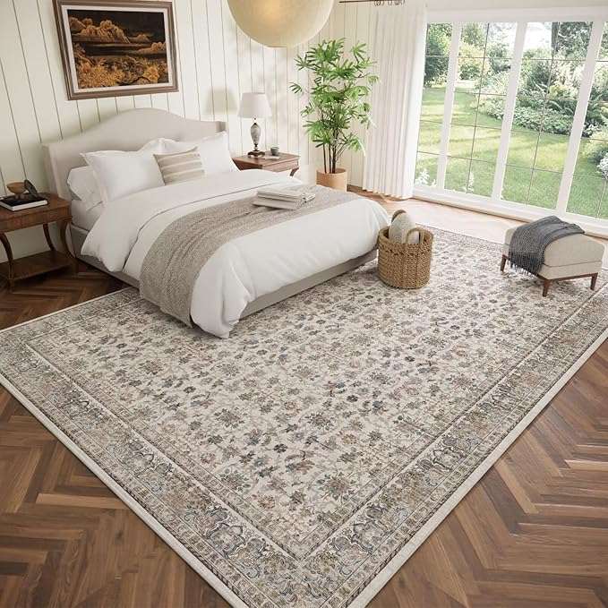 Washable 9x12 Area Rugs for Living Room, Boho Non-Slip Silicone Backing Rugs for Bedroom Dining Room Nursery Office, 0.3" Neutral Oriental Throw Carpet with 0.16" Cushioning Pad, Cream/Multi