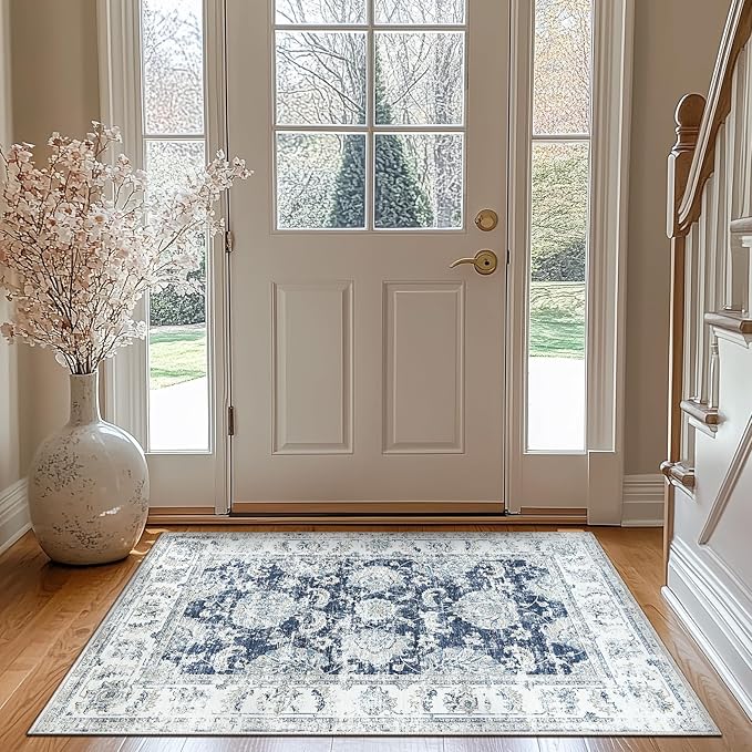 jinchan Floral 3x5 Area Rugs for Entryway - Machine Washable Taupe Vintage Distressed Design Doormat Non-Slip Ultra-Thin Low Pile Boho Rug for Kitchen Living Room Bedroom Farmhouse (3‘x5',Dark Blue)