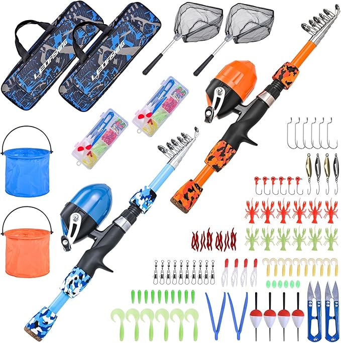 LEOFISHING 2 Set Kids Fishing Pole Set with Full Starter Kits Portable Telescopic Fishing Rod and Reel Cambos with All The Necessary Fishing Kits for Boys Girls and Youth