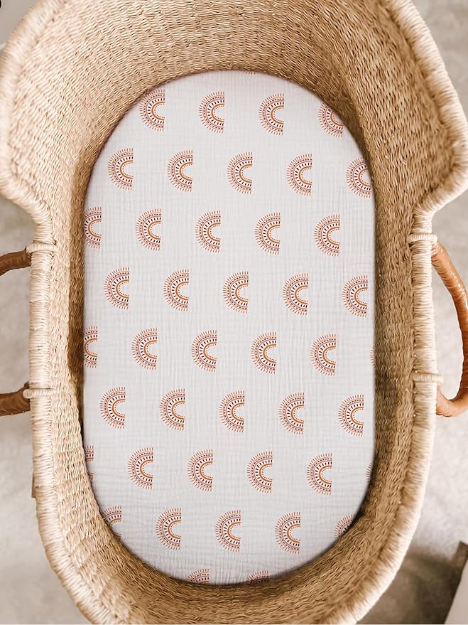 Bassinet Sheet for Baby Boy and Girl, Fitted Sheets for Rectangle, Oval, Hourglass Bassinet Mattress, Muslin Moses Basket Sheets with Neutral Style (Rainbow)