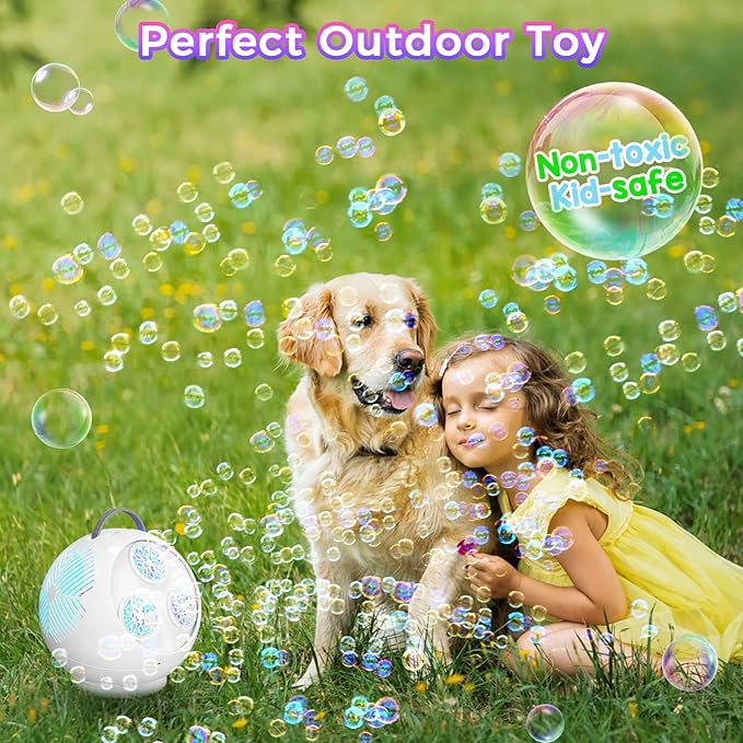 Bubble Machine Automatic Bubble Blower for Kids Toddlers Rechargeable Portable Spherical LED Bubble Maker Electric Auto Rotating 45°/360° Outdoor Toy Birthday Party Wedding (Spherical White)