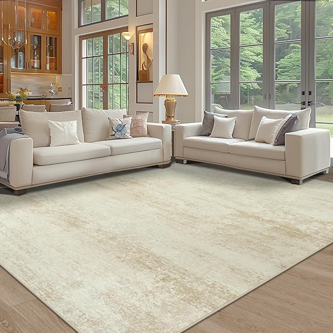 Washable Rug 6x9 Area Rugs, Abstract Large Living Room Rugs with Non-Slip Backing, Thin Carpet for Dorm Dining Room Table Nursery Indoor Home Office -Beige
