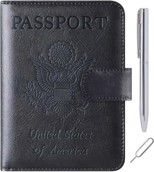 Passport Holder Cover Wallet Travel Essentials Leather Rfid Blocking Case Vacation Luggage Must Haves Travel Accessories for Men Women (120#Black)