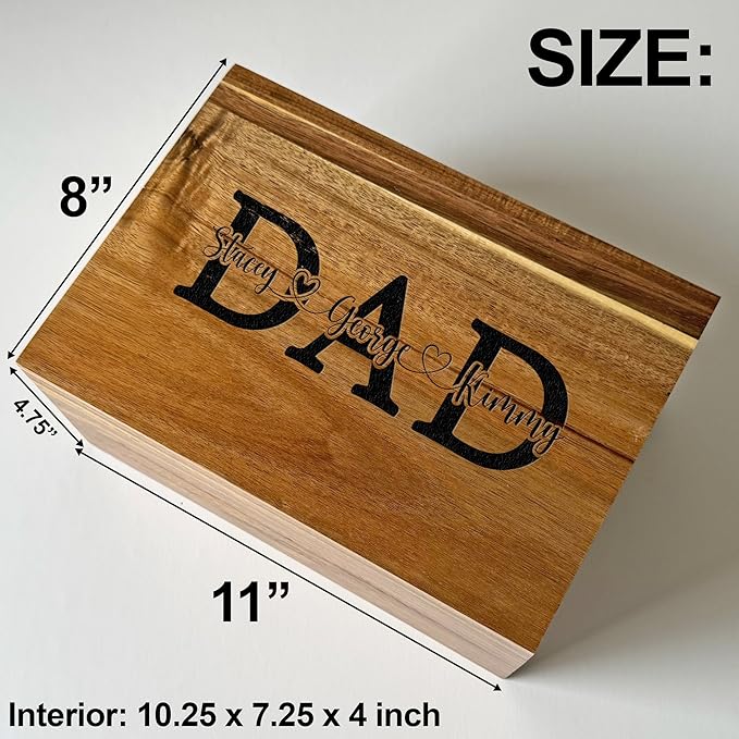 Personalized Christmas Gifts for Dad - Custom Engraved Wooden Box with Kids Names, Unique Father's Day Gift Idea, Grandpa Papa Gift Xmas, Acacia Wood Keepsake Box 11x8x4.75 in