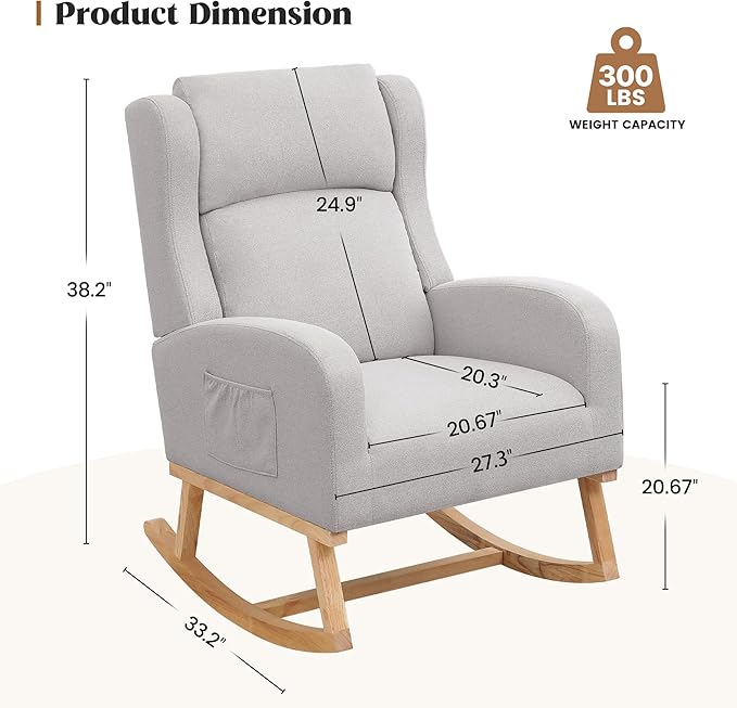 Rocking Chair Nursery, Nursing Rocking Chairs for Mom Nursery, Comfy Wingback Glider Rocking Armchair with Side Pocket for Nursery Living Room Bedroom, Light Grey