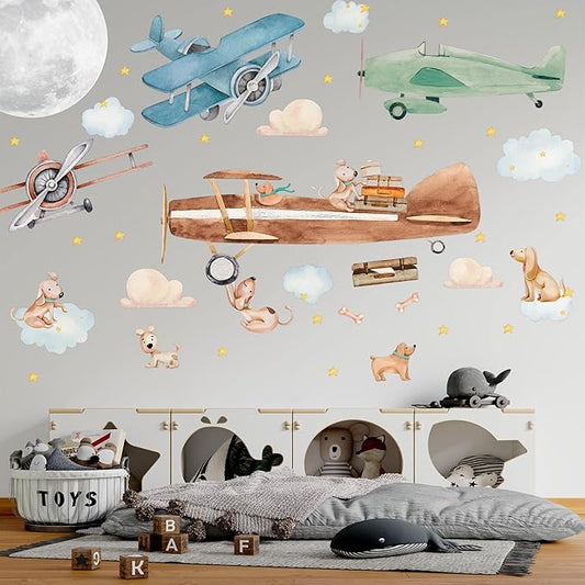 Airplane Wall Decals by Lipastick - 47-Piece Watercolor Vintage Plane Stickers for Kids, Boys Room, Baby Nursery, Toddler Bedroom Decor - Premium Vinyl Aircraft Art - L Size