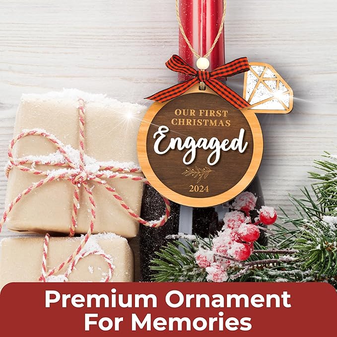 Our First Christmas Engaged Ornament 2024 - Wood Engagement Ornament 2024, Funny Engagement Gifts for Couples, Happy Newly Engaged Christmas Ornament 2024 for Bride