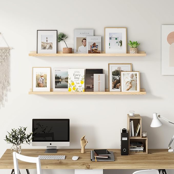 Picture Ledge Shelf, Floating Shelves Set of 2, Solid Pine Wood 55'' Long Large Nursery Book Shelves for Toys Storage, Kids Bookshelf for Living Room Bedroom Decor Books Photo Frames, Natural