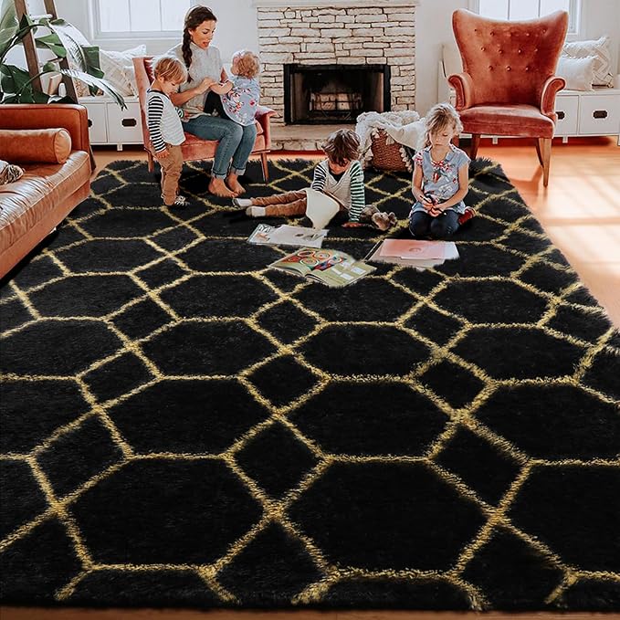 ONASAR 6x9 Area Rugs for Living Room Bedroom, Washable Large Fluffy Black and Gold Throw Rug, Geometric Soft Plush Shaggy Fuzzy Floor Carpet for Nursery Kids Girls Boys Teen Dorm Home Office Decor