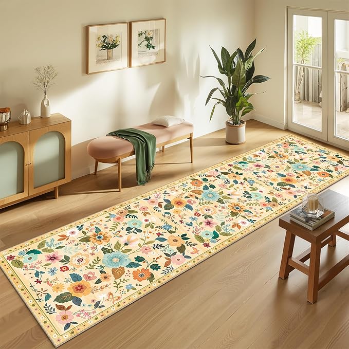 Floral 2x10 Area Rug Machine Washable Soft Print Boho Carpet Non Slip Doormat Low Pile Flower Area Rugs for Living Room Bedroom Nursery Kitchen Dining Room Indoor-Ivory/Yellow