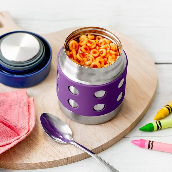 LunchBots Thermal 8 oz Triple Insulated Thermos - Hot 6 Hours or Cold 12 Hours - Leak Proof Thermos Soup Jar - All Stainless Interior - Navy Lid - Purple Dots