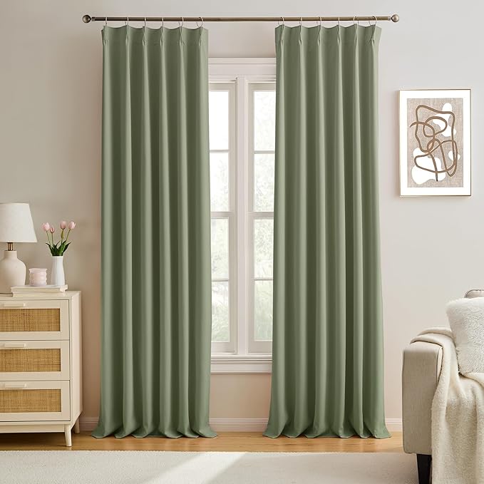 KEQIAOSUOCAI Light Sage Blackout Curtains Pinch Pleat Green Drapes 96 Inches Long 2 Pieces, Elegant Thermal Insulated Black Out Window Panels for Living Room Bedroom 40 x 96 inch Sage Green