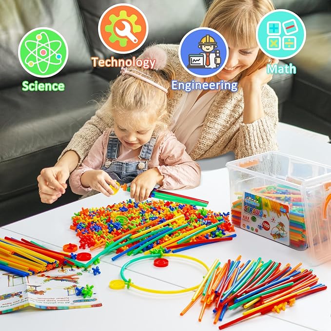 Ggiibro Straw Constructor Toys STEM Building Toys 1200Pcs Toys Aged for 3 4 5 6 7 8+ Interlocking Plastic Toys Engineering Toys Thin Tube Blocks Toy Educational Toy Kit for Classroom Kids Toys Set