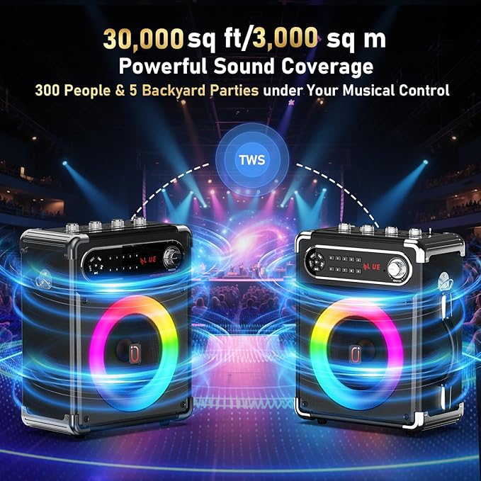 Karaoke Machine with 2 Wireless Microphones,【Upgraded 6.5"Woofer & 2"Tweeter】Portable Bluetooth 5.3 Karaoke Speaker, PA System with Bass/Treble/Echo Adjustment, Supports USB/AUX/TF/TWS for Home Party