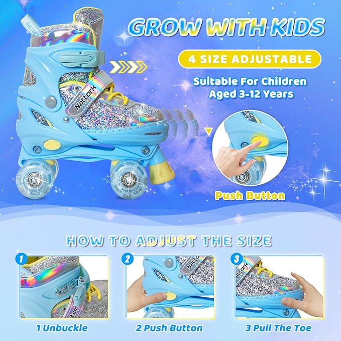 Nattork Kids Roller Skates for Girls Kids, 4 Sizes Adjustable Girls Roller Skates for Ages 3-12 with Light up Wheels & Safety Protection - Cool Birthday Gift for Indoor Outdoor Sports
