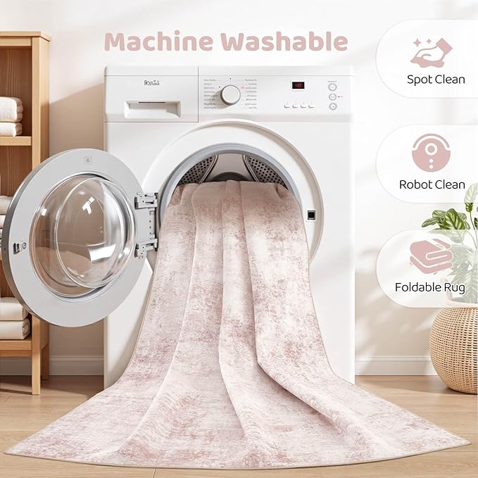 Pink Rugs for Bedroom Girls: 8x10 Washable Large Modern Soft Area Rug Indoor Non-Slip Cute Carpet for New Parents Aged 25-45 - Living Room Nursery Kids Playroom Preppy Room Baby Room Decor