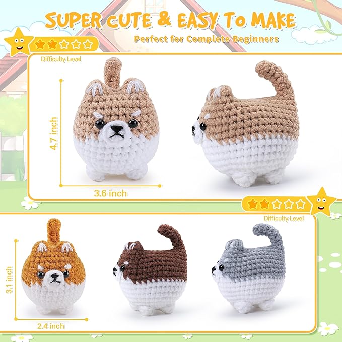 Crochet Kit for Beginners- 4 PCS Fat Shiba Inu Crochet Kits for Adults, 4PCS Corgi Dog Crochet Animal Kit with Step-by-Step Video Tutorials, Yarn, Crochet Hook, Instructions DIY Knitting Kit