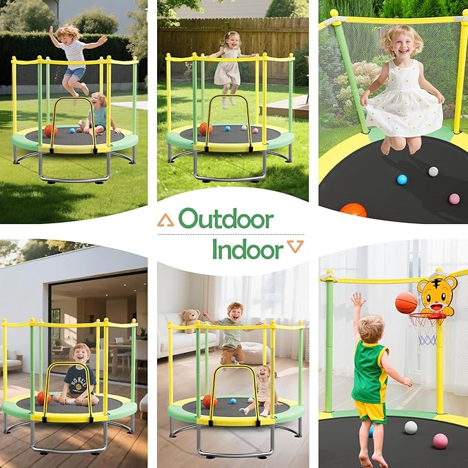 Kids Trampoline with Safety Net – 440lbs Capacity, Upgraded Rust-Proof Ring Legs, Adjustable Gymnastics Bar & Toys – Indoor Outdoor Toddler Trampoline for Boys & Girls Ages 1-8