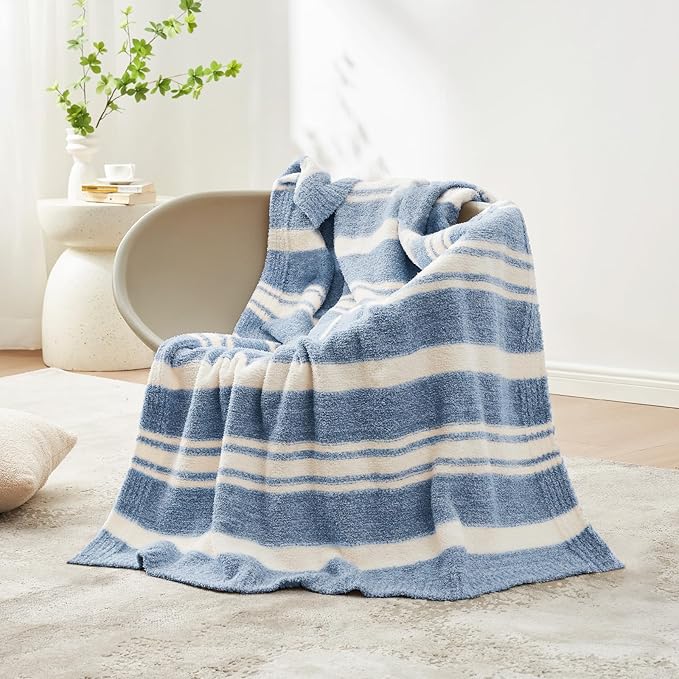 Snuggle Sac Stripe Blue Blankets Luxurious Microfiber Fabric, Reversible Super Soft Bedding Blankets Warm Cozy Knit Fuzzy Plush Blanket for Bed,Couch,Sofa,Living Room, Blue Stripe,60x80 inches