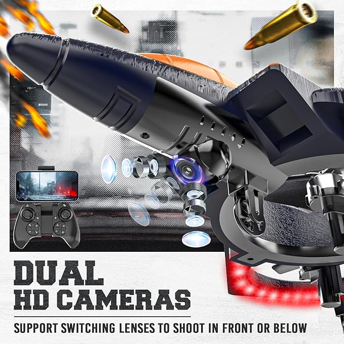 BEZGAR RC Plane for Kids | 2.4GHZ Brushless Drones with Camera, 6-axis Gyro Remote Control Airplane, 360° Flip Fighter Jet Toy, Toys for Ages 8+ with Colorful LED Navigation Lights Orange