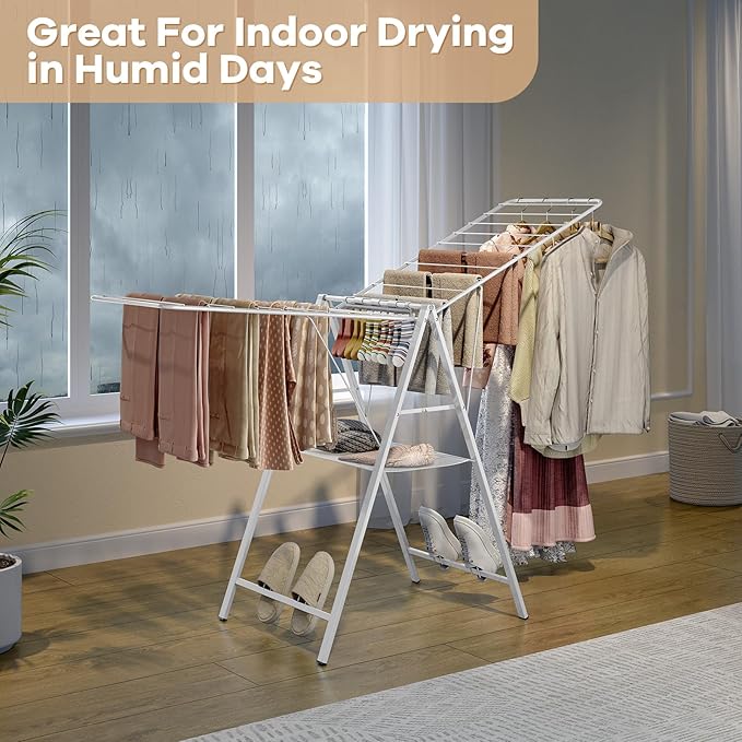 APEXCHASER Drying Rack Clothing, Clothes Drying Rack Foldable, Metal Laundry Drying Rack Collapsible for Sweater Towel Indoor Outdoor, Gullwing Clothes Rack Drying with Height Adjustable Rails, White