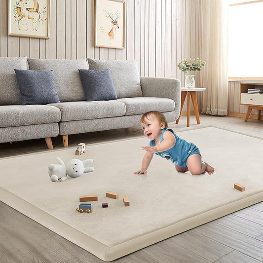 Baby Play Mat for Floor Tummy Time Mat Nursery Rug Muscle Area Rug Playroom Tatami 79"x138" Memory Foam 1.3" Thick Crawling For Babies,Toddlers, Infants, Kids,Floor(Beige)