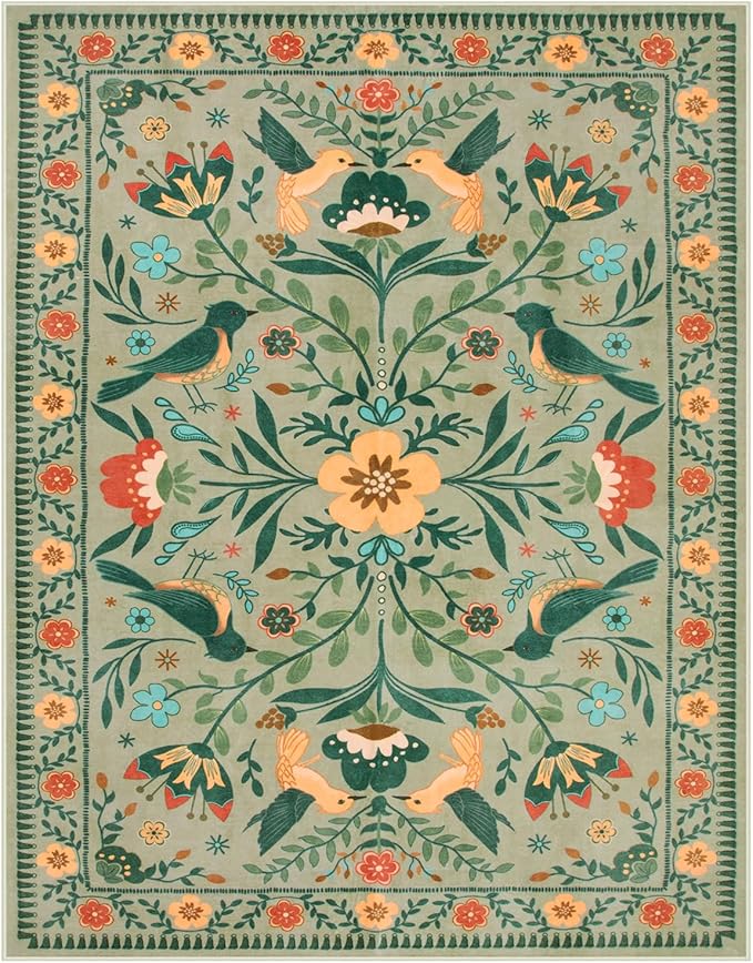 Moynesa Washable 8x10 Area Rugs for Living Room, Ultra Thin Soft Boho Bedroom Rug Stain Resistance, Low Pile Indoor Bird Pattern Sage Green Large Carpet for Nursery Dining Room Under Table