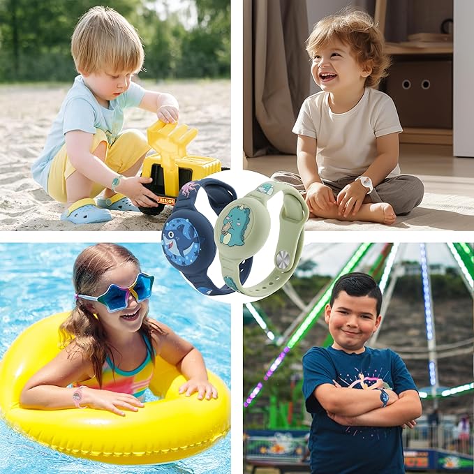 R-fun Waterproof Air Tag Bracelets[2 Pack] Compatible with Apple Air Tag Finders with Cartoon Pattern,Anti Lost GPS Item Finders Case Cover,Green Dinosaur/Blue Shark