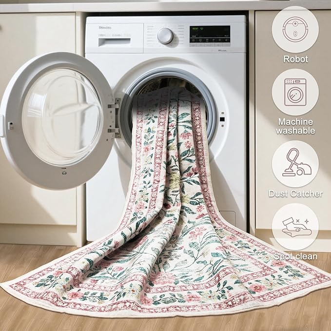 Area Rug Living Room Rugs: Floral 5x7 Washable Rug Vintage Soft Boho Non-Slip Carpet Indoor Stain Resistant Large Carpets for Bedroom Dining Room Farmhouse Nursery Hallway Home Office Pink Green