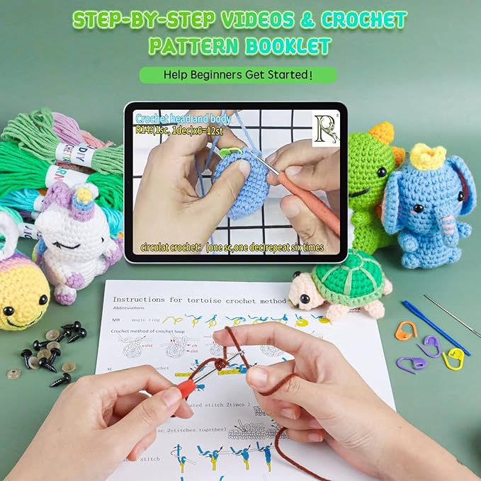 QYGYMXC 6PCS Crochet Kit for Beginners, Knitting Kit with Step-by-Step Video Tutorials, Beginner Crochet Kit for Adults, Crochet Animal Kit for Beginners Kids, Complete Kit Included 6 Cute Animals