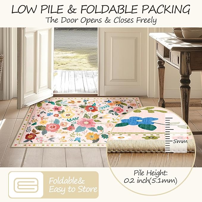 Floral 4x6 Area Rug Machine Washable Soft Print Boho Carpet Non Slip Doormat Low Pile Flower Area Rugs for Living Room Bedroom Nursery Kitchen Dining Room Indoor-Pink
