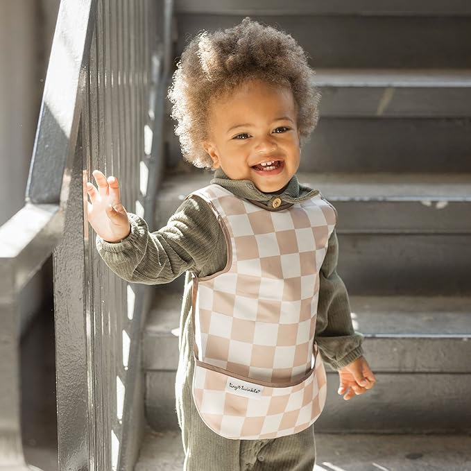 Tiny Twinkle Mess Proof Baby Bib - Waterproof & Lightweight Baby-Led Weaning Apron | 100% Recycled Polyester, Easy Clean & Machine Washable (Brown Checkers, Small 6-24 Months)