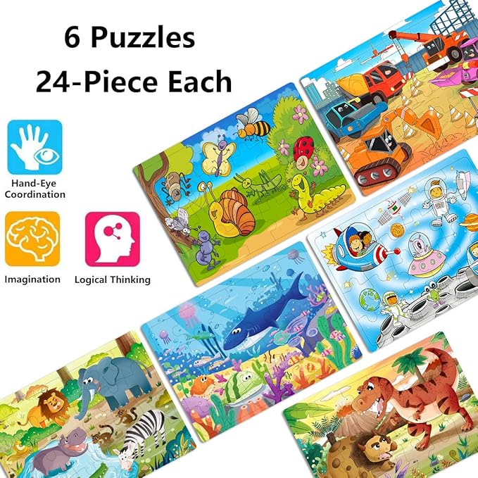 Wooden Puzzles for Kids Ages 3-5, 24 Piece Colorful Learning Toys for Toddler Children - Educational for Boys and Girls (6 Puzzles)