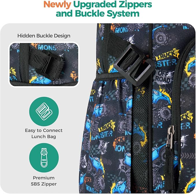 Choco Mocha Truck Backpack for Boys, Elementary School Backpack for Boys Ages 6-8 Kids Kindergarten Backpack Bookbag 17 Inch with Chest Strap, Orange