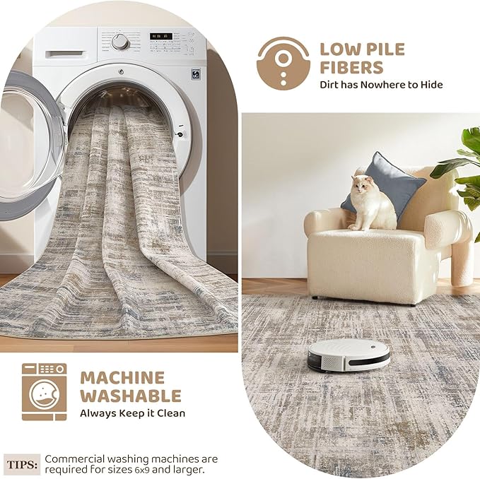 Area Rug for Living Room: 7x9 Washable Neutral Abstract Modern Soft Rugs Non Slip Indoor Floor Stain Resistant Large Carpet for Bedroom Dining Room Office Nursery - Brown