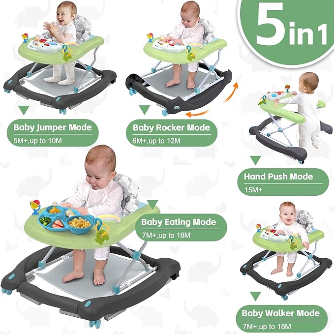Foldable Baby 5-in-1 Activity Walker - Rocker, Activity Center, Bouncer, Seat Walker, Push Walker - Adjustable Speed Rear Wheels and Height Toys Ages 6-18 Months… (Green)